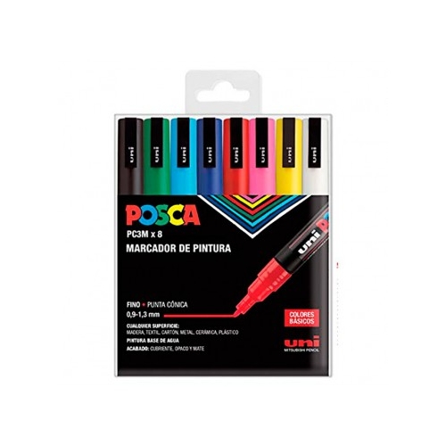 UNI POSCA PC-3M Estuche 8 colores. Marcadores de pintura no permanente.  Trazo 0,9-1