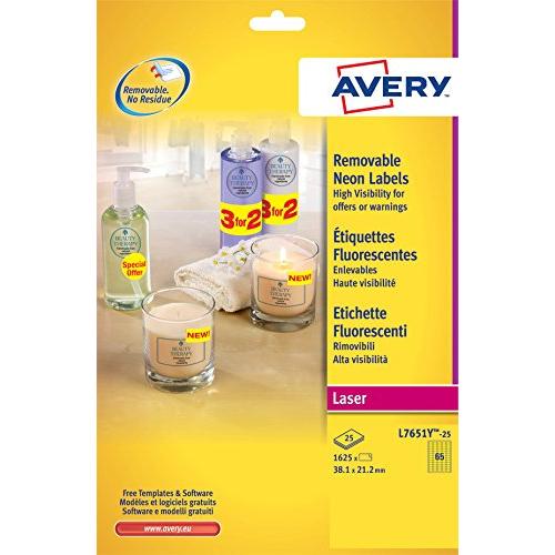 38.1 x 21.2 mm Avery L7651Y-25 color amarillo Pack de 25 hojas de mini etiquetas fluorescentes 